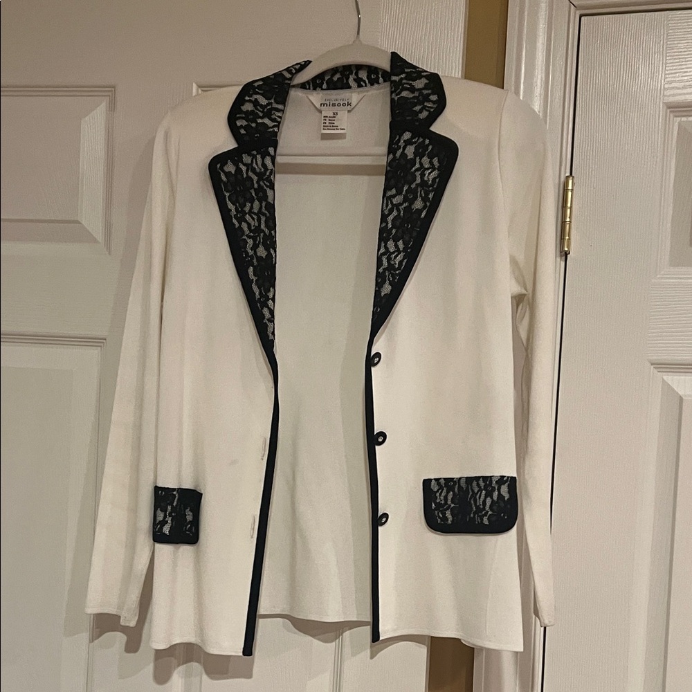 Misook White Blazer with Black Lace Trim